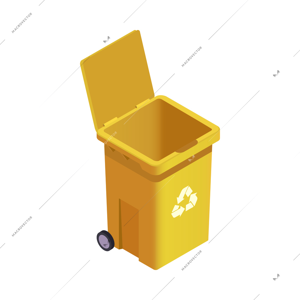 Isometric open yellow rubbish bin with recycle symbol 3d vector illustration