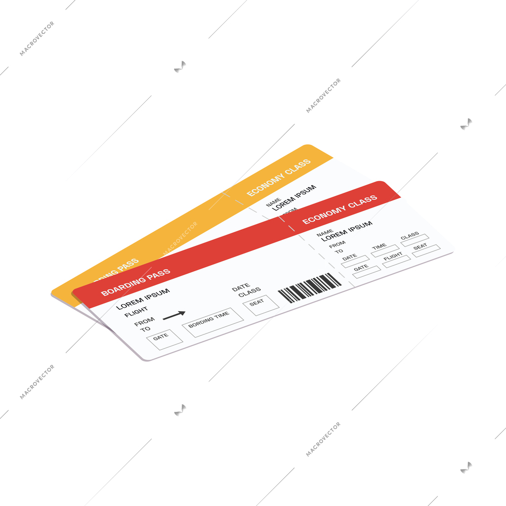 Two plane tickets boarding pass isometric icon 3d vector illustration