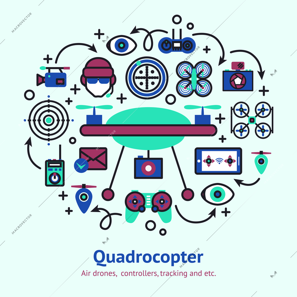 Drone design concept with unmanned spy camera quadrocopter decorative icons vector illustration