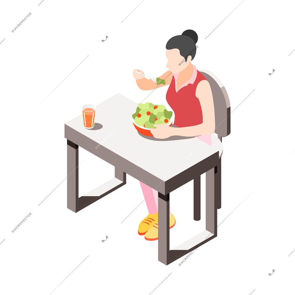 Women health balanced diet isometric icon with female character eating salad 3d vector illustration