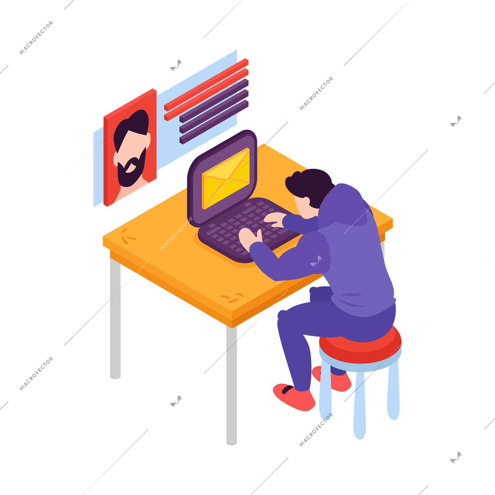 Isometric internet crime email spam concept with hacker and laptop 3d vector illustration