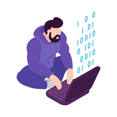 Hacker working on laptop isometric character 3d vector illustration