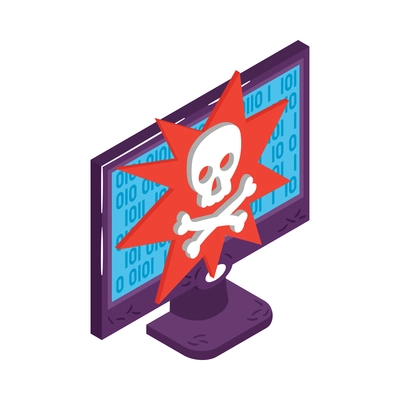 Isometric cyber attack hacking icon with skull symbol on computer screen 3d vector illustration