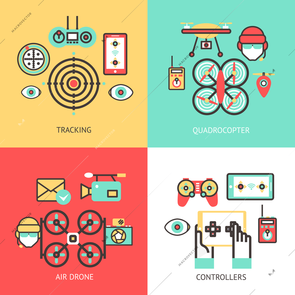 Drone design concept set isolated with tracking quadrocopter air controllers flat icons isolated vector illustration