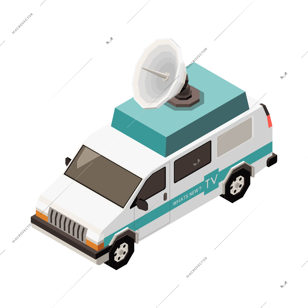 Isometric broadcasting telecommunication van with satellite dish antenna 3d vector illustration