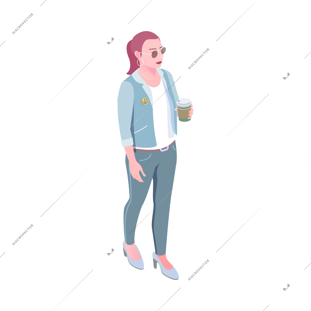 Young modern stylish woman with cup of coffee 3d isometric vector illustration