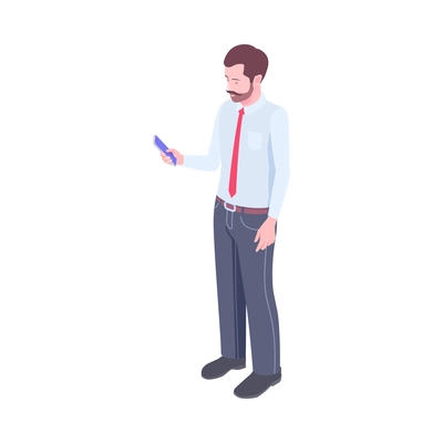 Isometric man in office wear using smartphone 3d vector illustration