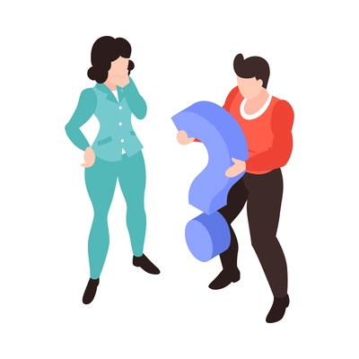 Teamwork brainstorming isometric concept with two people holding question mark 3d vector illustration