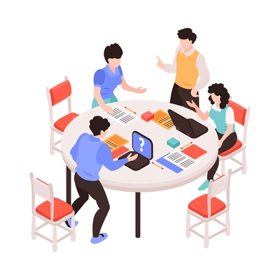 Teamwork isometric concept with people brainstorming in office 3d vector illustration