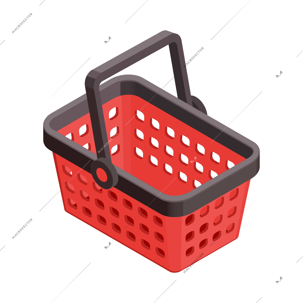 Isometric empty red shopping basket icon on blank background 3d vector illustration