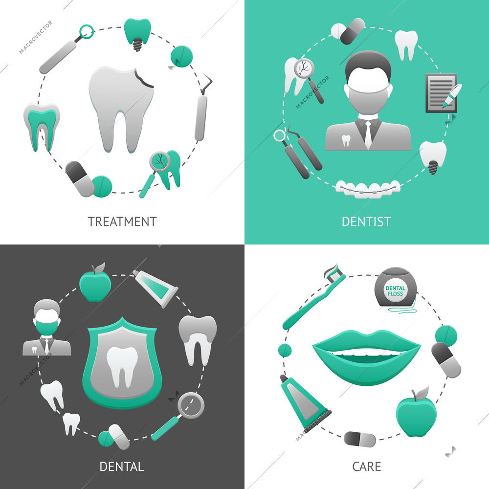 Dental design concept set with treatment dentist care flat icons isolated vector illustration