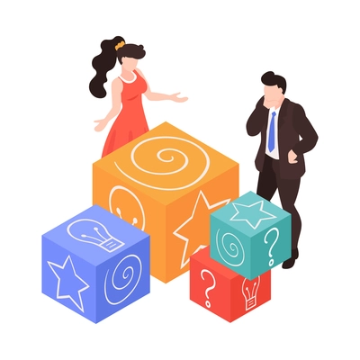 Teamwork brainstorming isometric concept with two coworkers solving puzzle 3d vector illustration