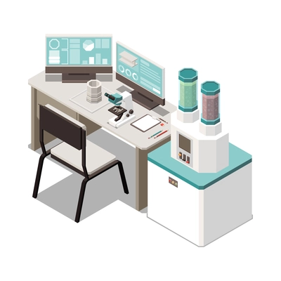 Metal industry isometric icon with computer and laboratory equipment 3d vector illustration