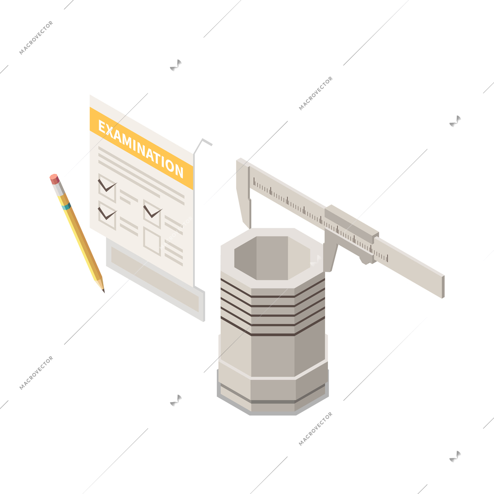 Isometric metal industry icon with measurement of complete item 3d vector illustration