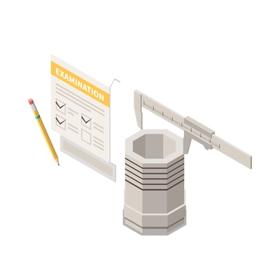 Isometric metal industry icon with measurement of complete item 3d vector illustration