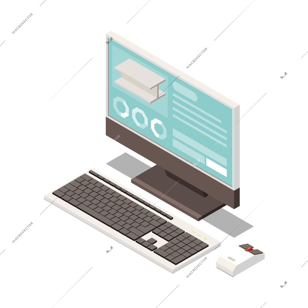 Isometric metal industry icon with computer on white background 3d vector illustration