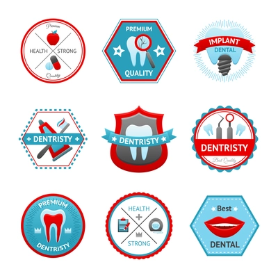 Dental emblem set with premium quality stomatology labels isolated vector illustration