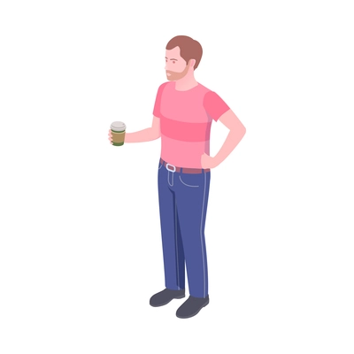 Isometric man with plastic cup of coffee 3d vector illustration