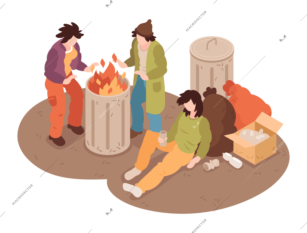 Isometric homeless people composition with human characters at fire barrel drinking from cans 3d vector illustration