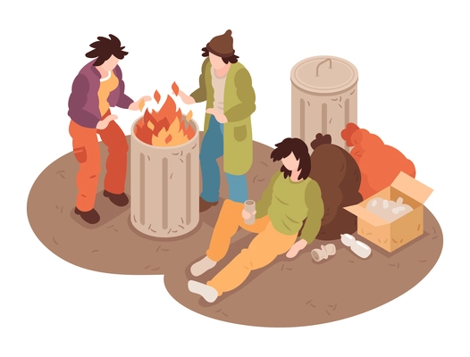 Isometric homeless people composition with human characters at fire barrel drinking from cans 3d vector illustration