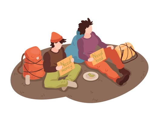 Two poor homeless people with backpacks asking for money 3d isometric vector illustration