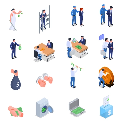 Corruption isometric icons set dirty money laundering hanging on clothesline bribing public official criminals arrest detention vector illustration