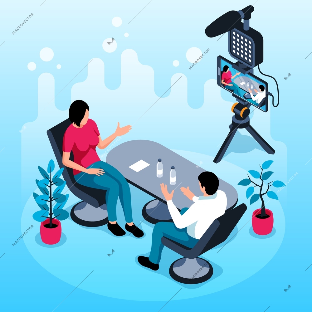 Live streaming isometric background with male and woman characters talking at table and shooting video by smartphone camera  vector illustration