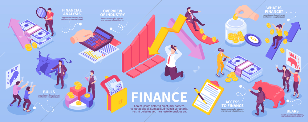 Isometric finance infographics with bull and bear symbols of stock market analysis money 3d diagrams and human characters vector illustration