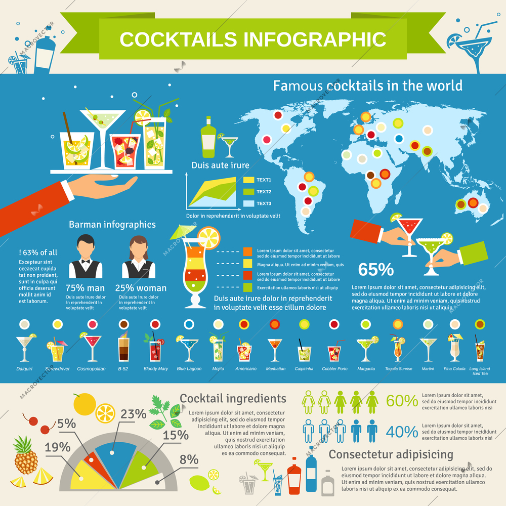 Cocktail worls wide consumption distribution map with margarita mojito americano glasses infigraphic presentation flat abstract vector illustration