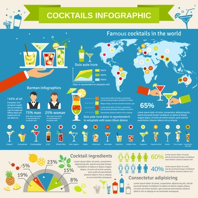 Cocktail worls wide consumption distribution map with margarita mojito americano glasses infigraphic presentation flat abstract vector illustration