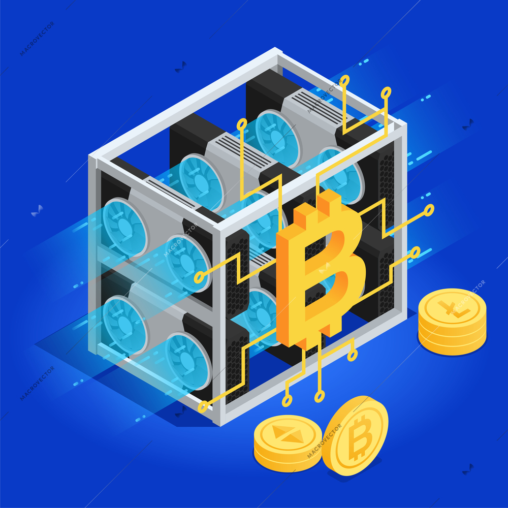 Cryptocurrency investment trading concept with isometric mining farm on blue background 3d vector illustration