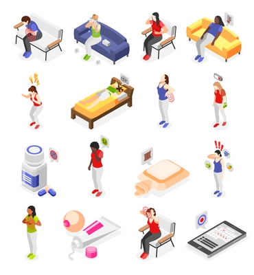 Pms woman isometric icons collection with isolated female characters representing various menstrual syndromes and common symptoms vector illustration