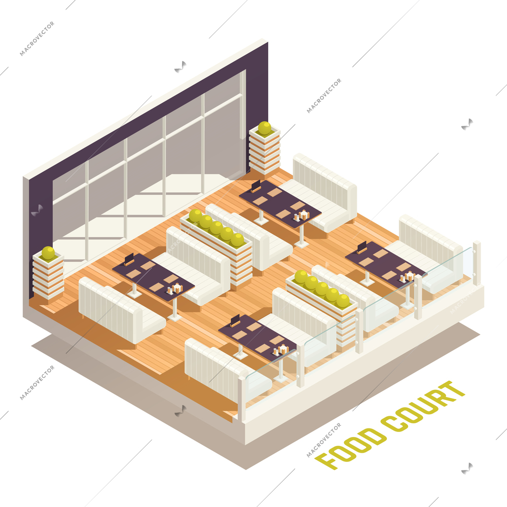 Food court isometric colored concept four tables and sofas for them and next to dividers between the tables in the form of flower beds vector illustration