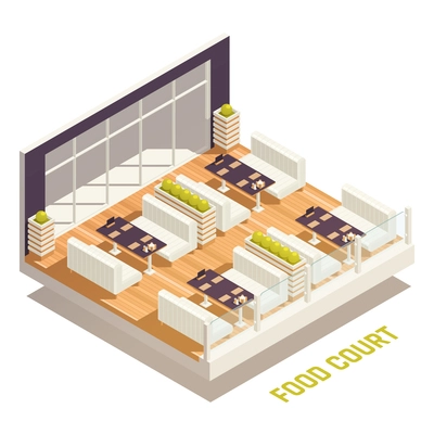 Food court isometric colored concept four tables and sofas for them and next to dividers between the tables in the form of flower beds vector illustration