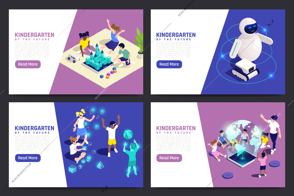 Four horizontal kindergarten isometric banner set with kindergarten of the future headline and read more buttons vector illustration