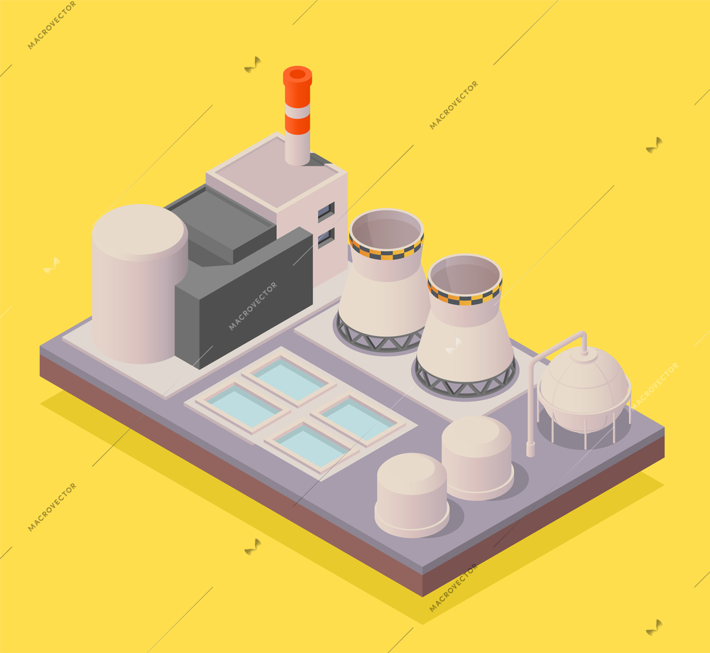 Green hydrogen energy source isometric composition with 3d nuclear power plant on yellow background vector illustration