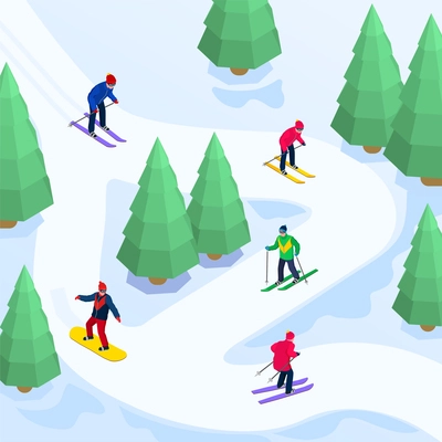 Winter sports isometric composition with people snowboarding and skiing down track between trees 3d vector illustration