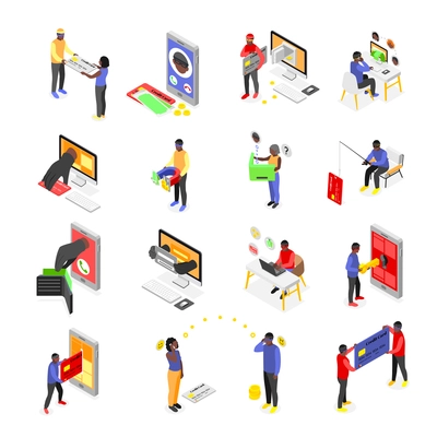 Banks scammers isometric recolor set of isolated icons with human characters stealing money making phone calls vector illustration