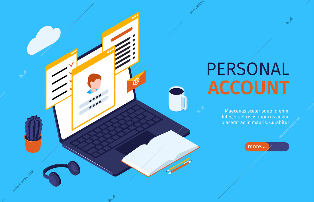 Personal account online education horizontal website banner with laptop book on blue background 3d isometric vector illustration