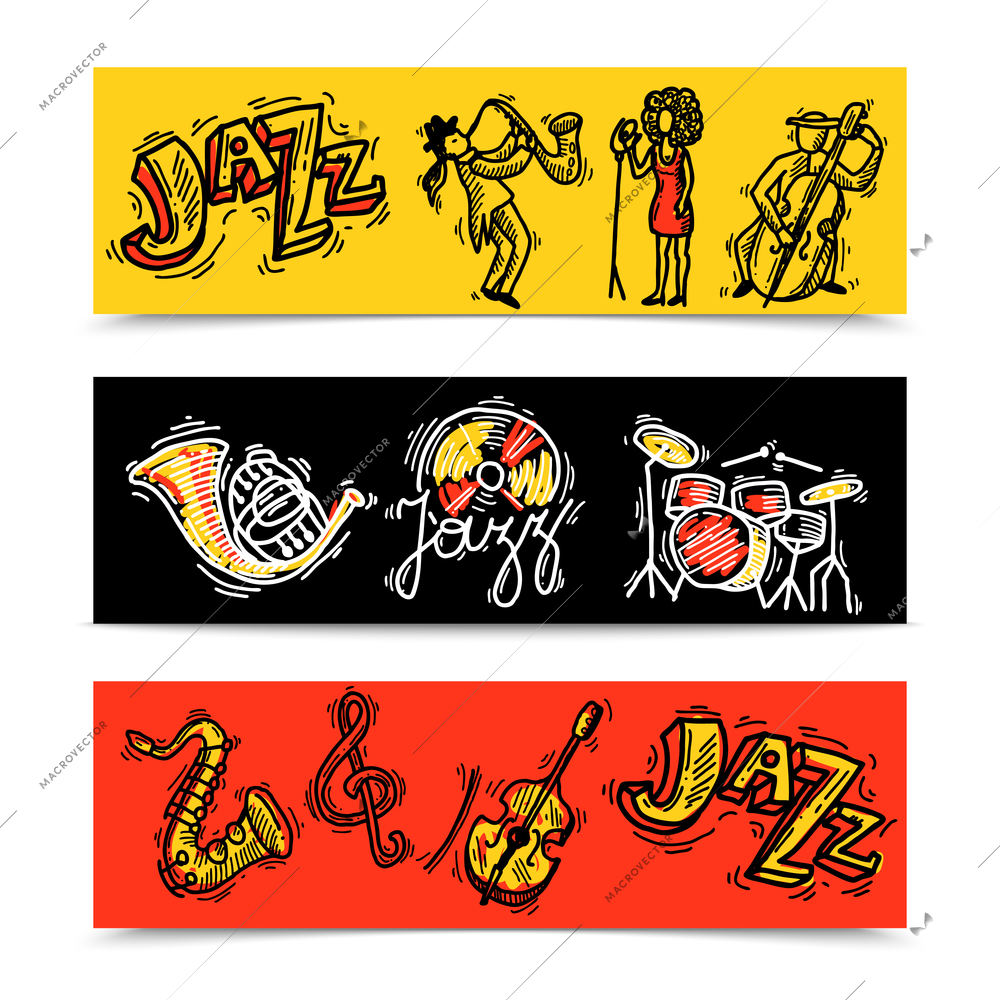 Jazz horizontal banners sketch set with music party concert instruments isolated vector illustration