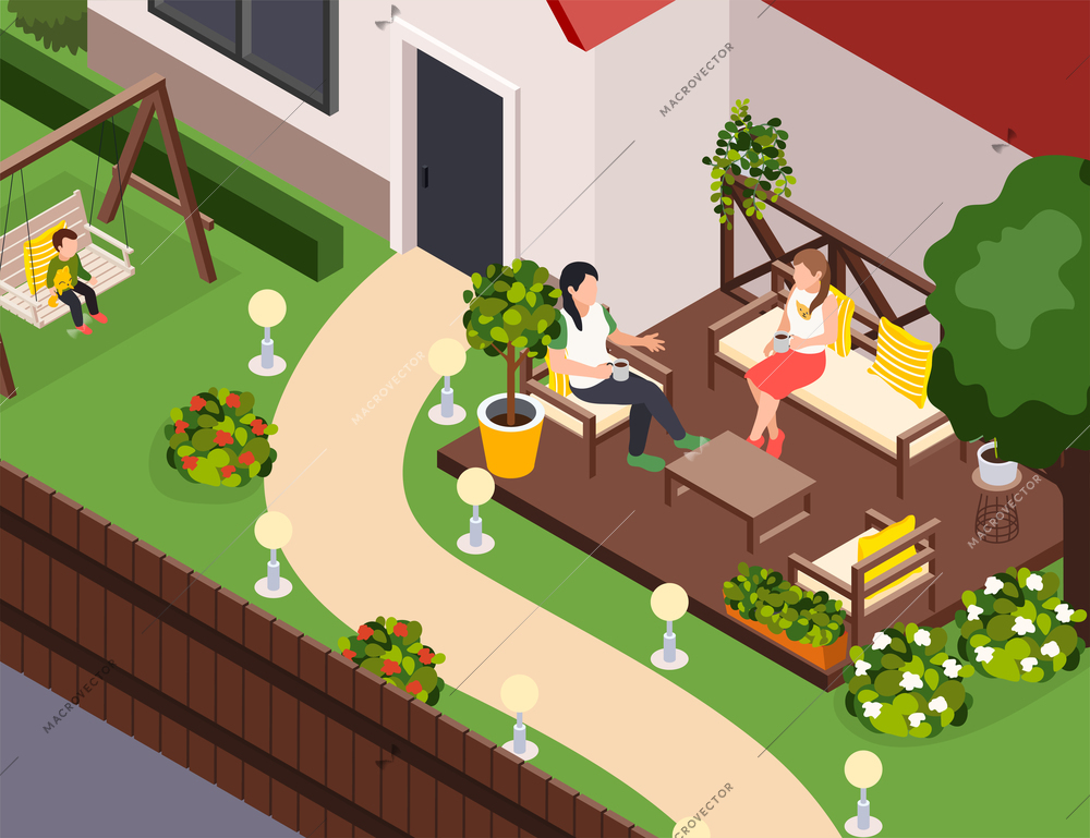 Garden furniture isometric composition with outdoor scenery and house entrance with chairs sofa and baby swing vector illustration