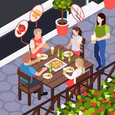 Allergy symptoms treatment isometric composition with view of restaurant table with people refusing from allergen food vector illustration