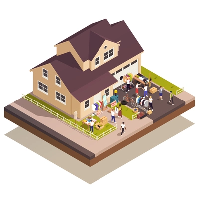 Garage sale and flea market compositions with isometric house and people shopping outdoors vector illustration