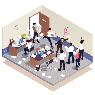 Disorganized office work isometric composition with chaotic messy business employees overloaded with paperwork vector illustration