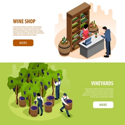 Wine isometric horizontal banners set with vineyards and shop symbols isolated vector illustration