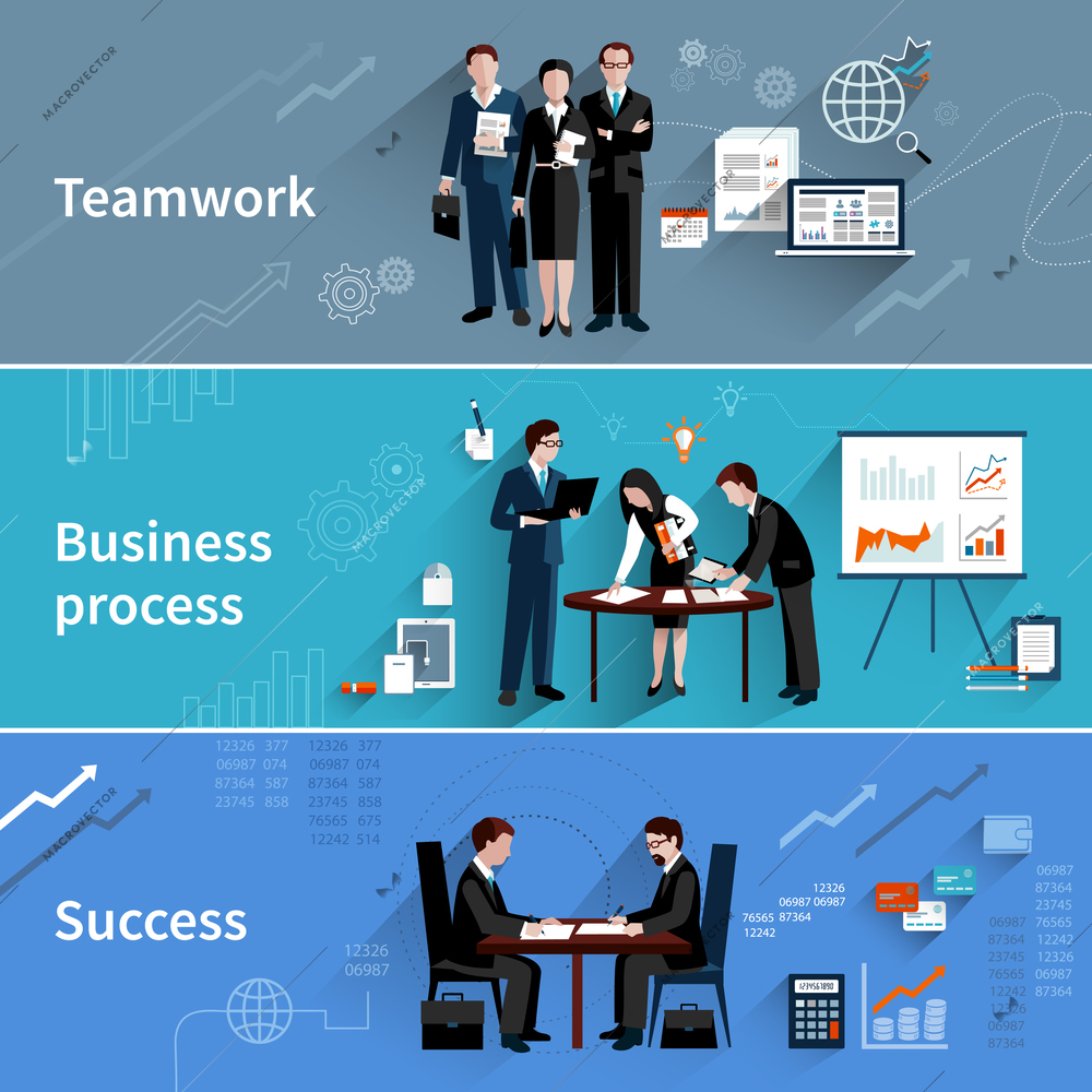 Teamwork banners set with business process and success elements isolated vector illustration