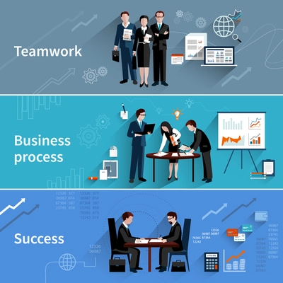 Teamwork banners set with business process and success elements isolated vector illustration