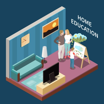 Home education isometric composition with parents watching their child painting on easel 3d vector illustration