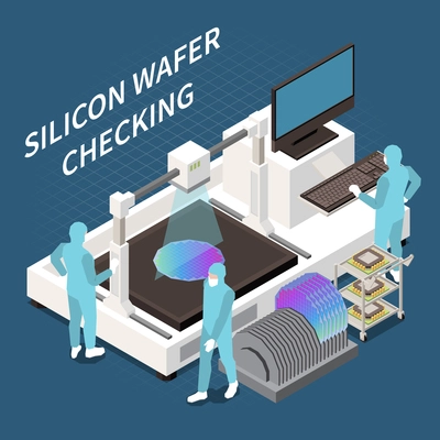 Semiconductor chip production isometric composition with three workers in chemical suits checking silicon wafers 3d vector illustration