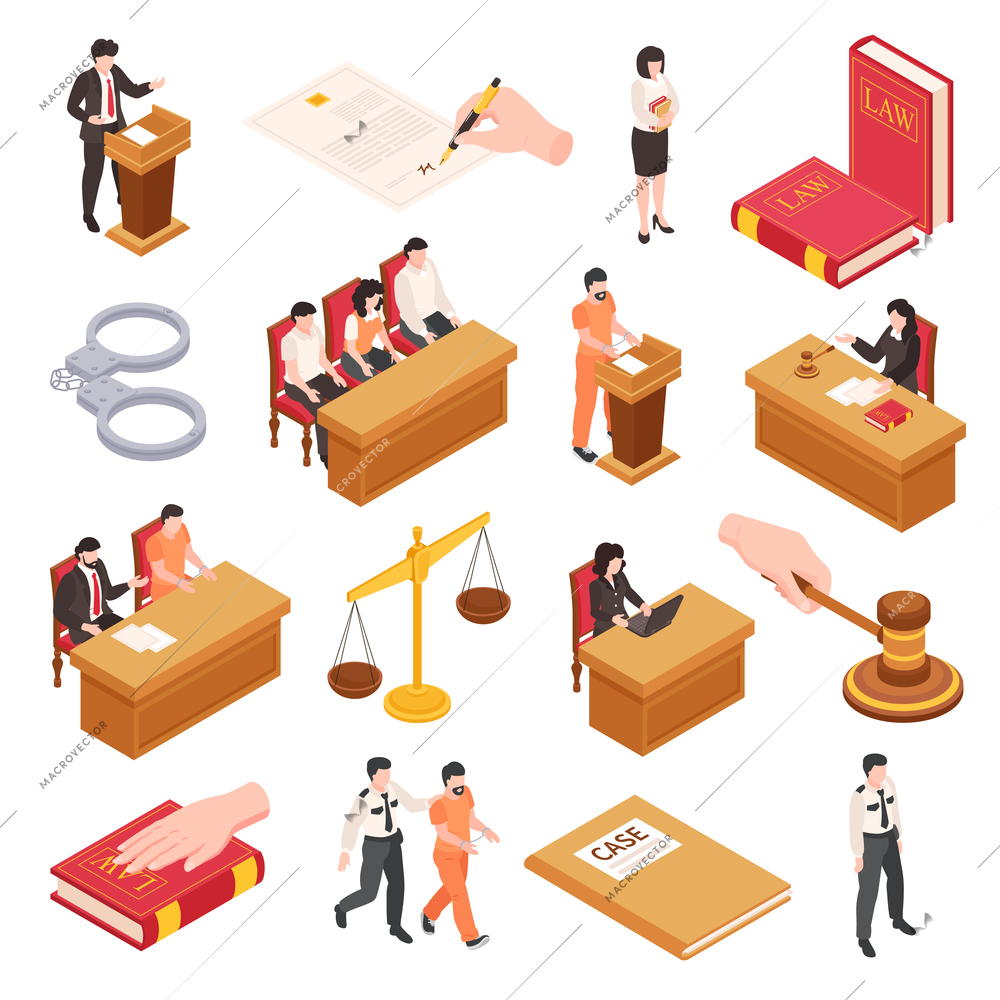 Law and justice isometric set of jury trial judge hammer justice scales law code book handcuffs isolated vector illustration